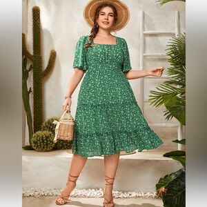 Plus Ditsy Floral Square Neck Ruffle Hem Dress